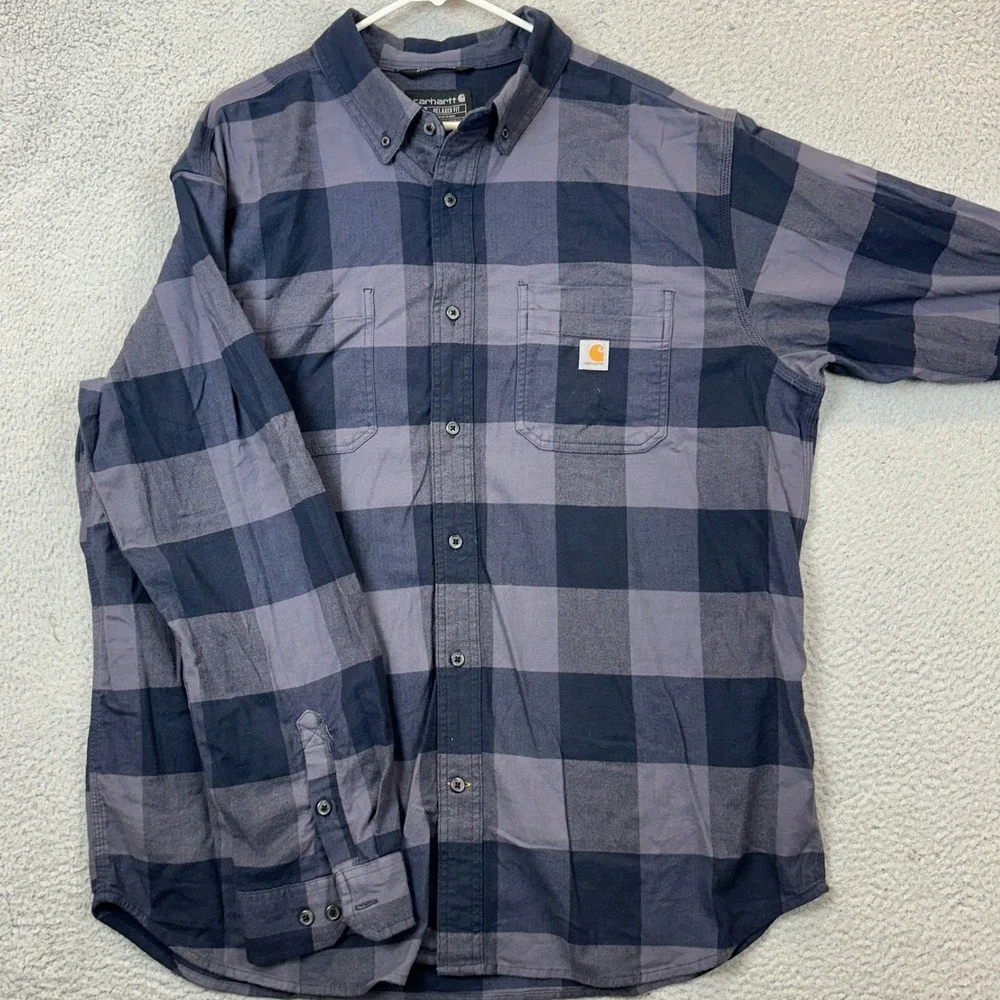 Carhartt Shirt Mens XL Rugged Flex Relaxed Fit Blue Purple Plaid Button Down EUC